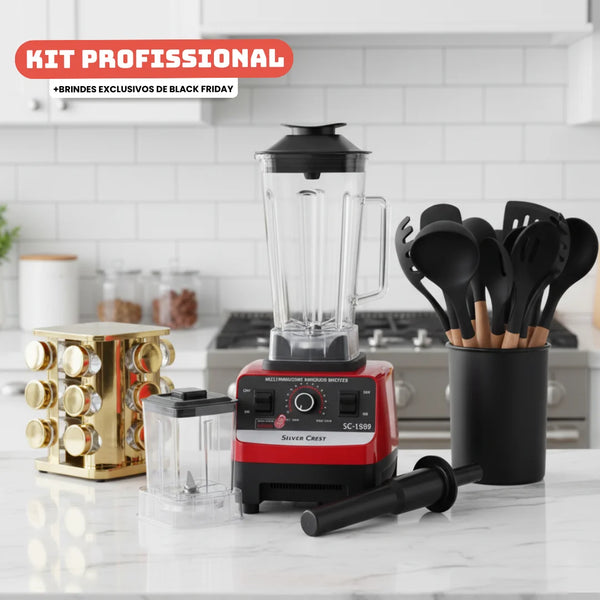 Kit Liquidificador Multiuso Profissional 15 Velocidades Com 2 Jarras de Vidro + 2 BRINDES: Kit Utensílios 12 peças + Porta Tempero